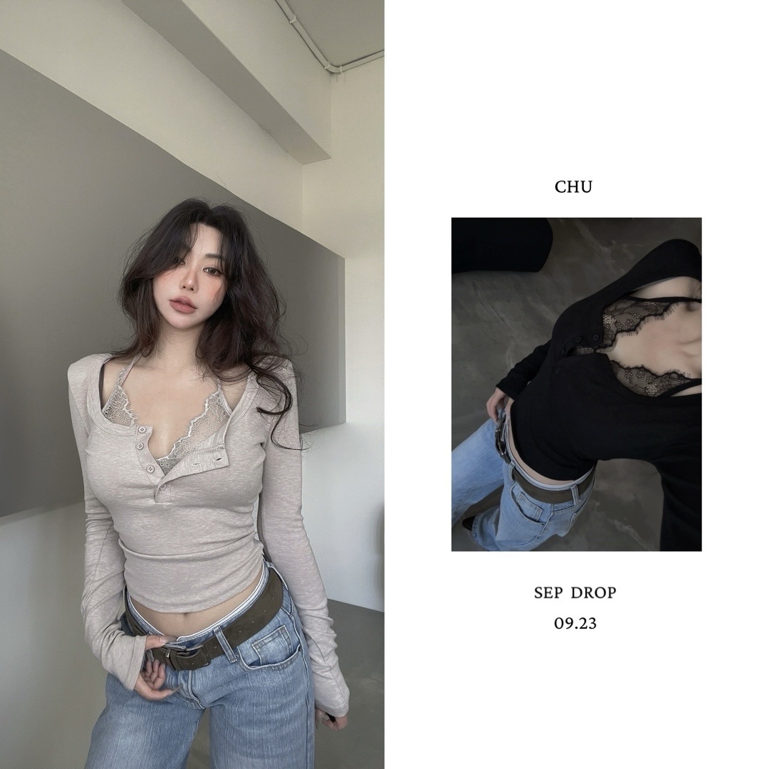 SELECT｜韓女氛圍，假兩件蕾絲打底上衣 (09.23 Drop)