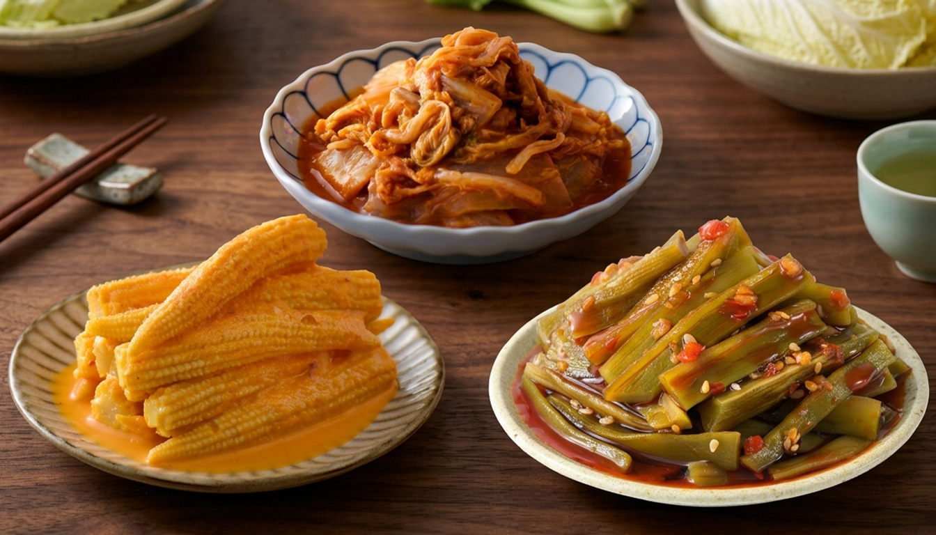 協發行泡菜產品-黃金玉米筍、日式胡麻泡菜、偷心貢菜盤裝特寫。