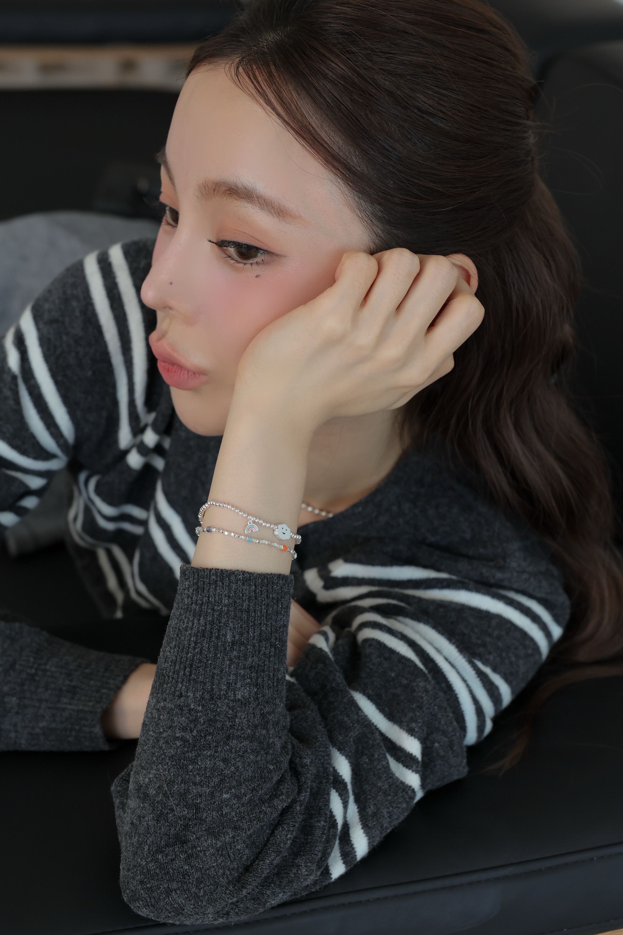 彩珠小碎銀純銀彈性手鍊 HH77