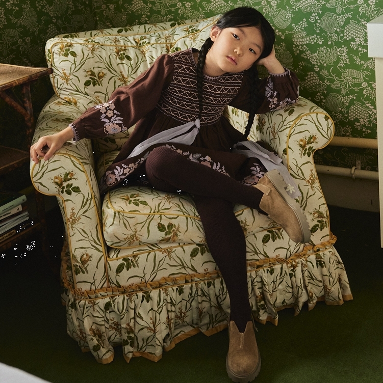 Apolina 幾何線條褶皺粉紫雕花洋裝 NOEMIE EMBROIDERED DRESS - DARK CHOCOLATE