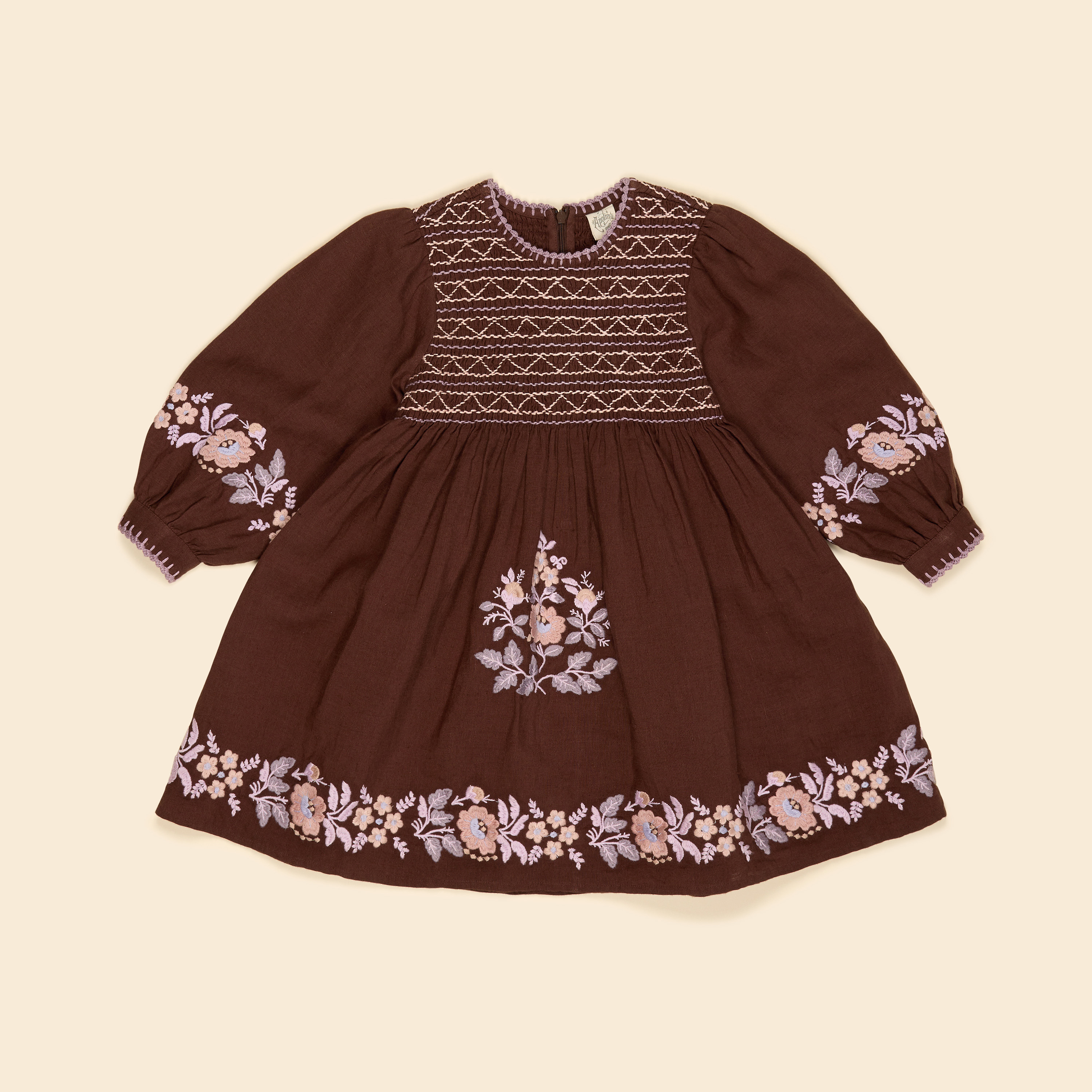 Apolina 幾何線條褶皺粉紫雕花洋裝 NOEMIE EMBROIDERED DRESS - DARK CHOCOLATE