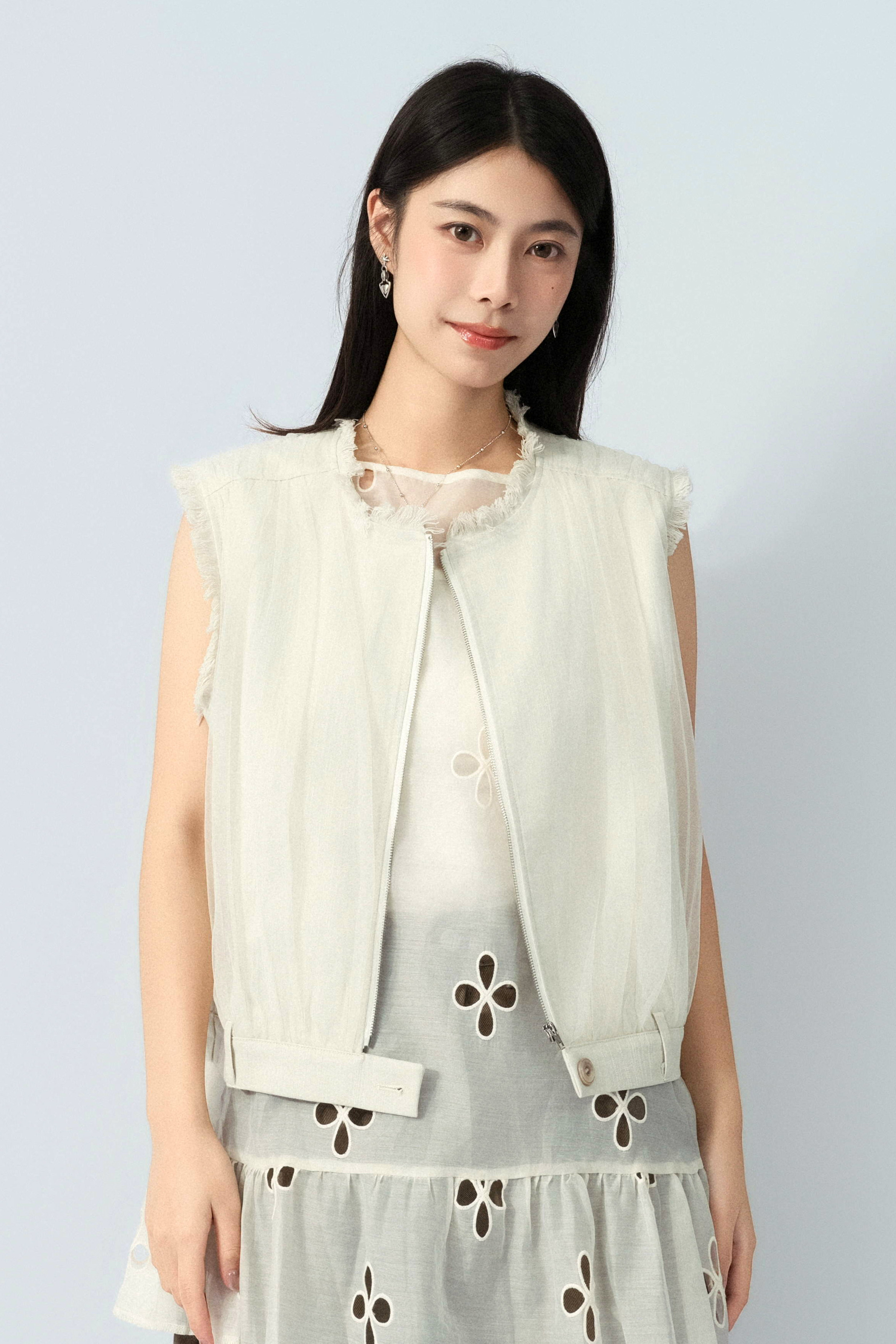 縮褶網紗面蘇邊背心外套（預購產品）
