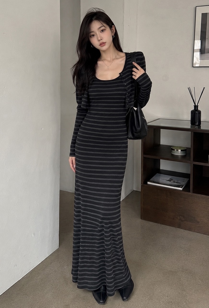 微羊絨條紋長洋+條紋小罩衫