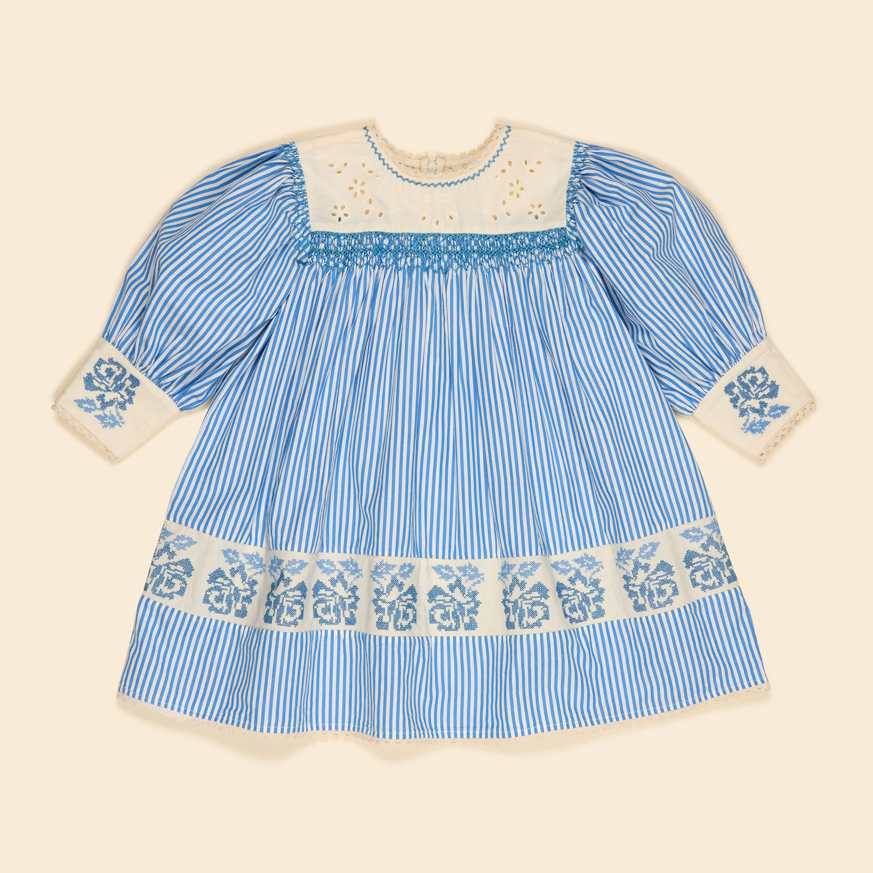 Apolina 十字繡花卉刺繡拼接海風條紋鏤空洋裝 DORA LS DRESS - LAKESIDE STRIPE