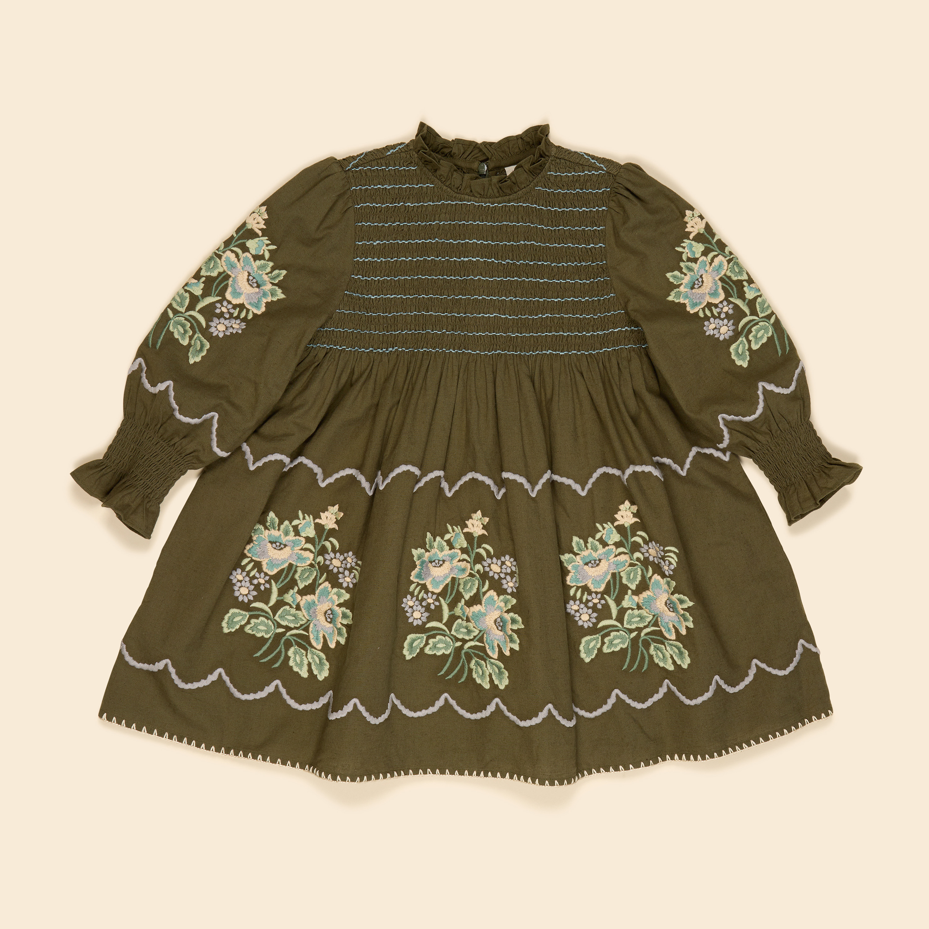 Apolina 荷葉領雕花褶皺棉麻洋裝 MIA DRESS - FOREST