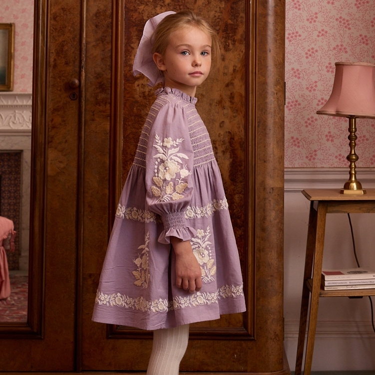Apolina 荷葉領雕花褶皺棉麻洋裝 MIA DRESS - DUSKY LAVENDER