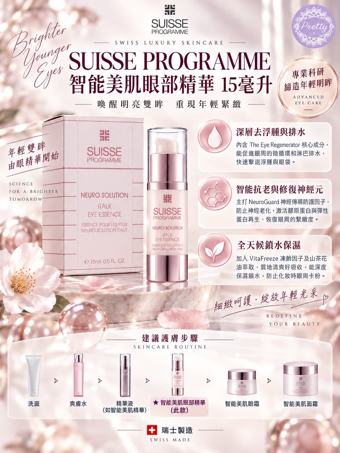 1 SET 智能美肌眼部精華 15毫升 + 智能美肌眼霜 15毫升 $268/ 1 SET EXP:31/1/2028  SA02 SUISSE PROGRAMME