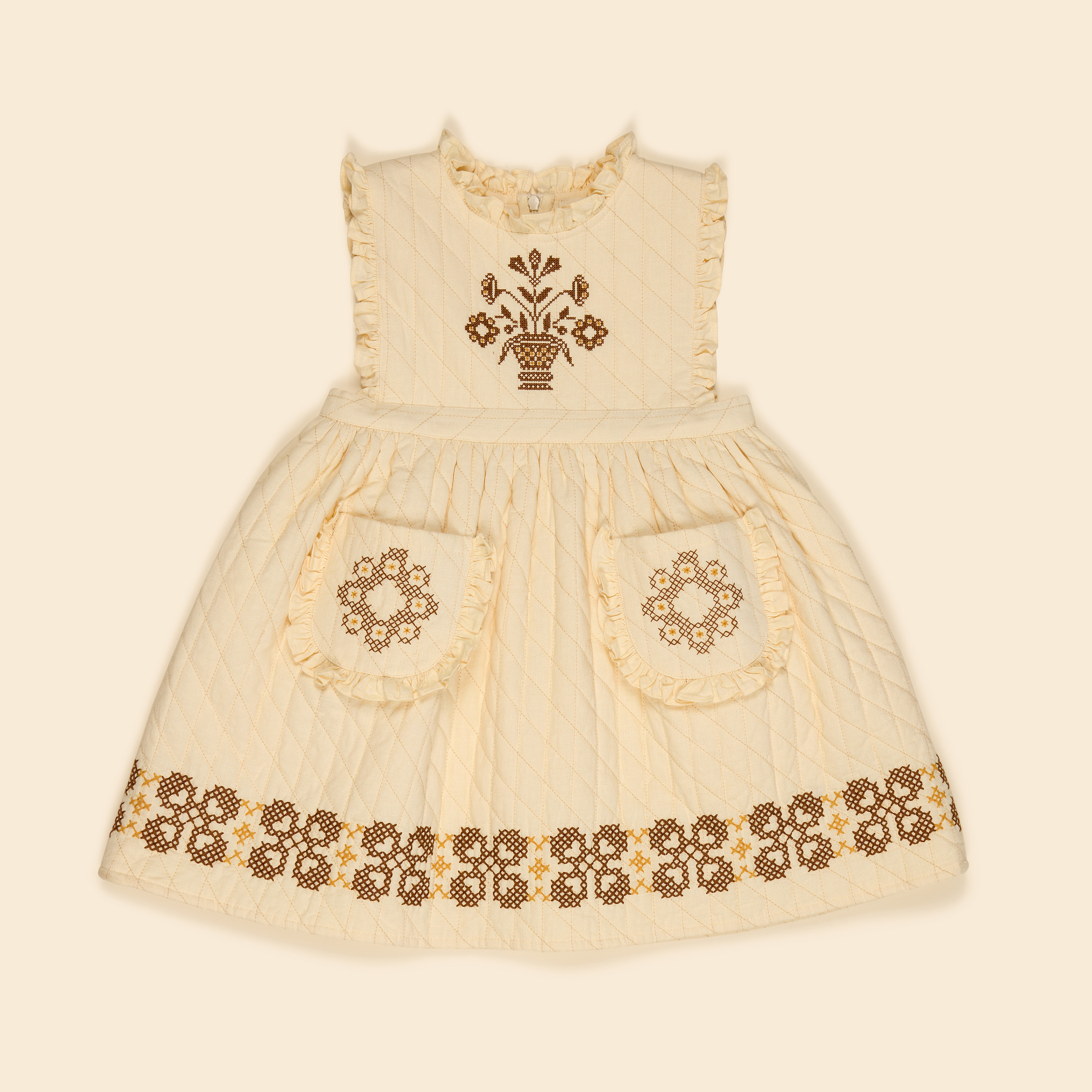 Apolina 十字繡花卉絎縫荷葉邊無袖洋裝 IDA QUILTED DRESS - CREAM