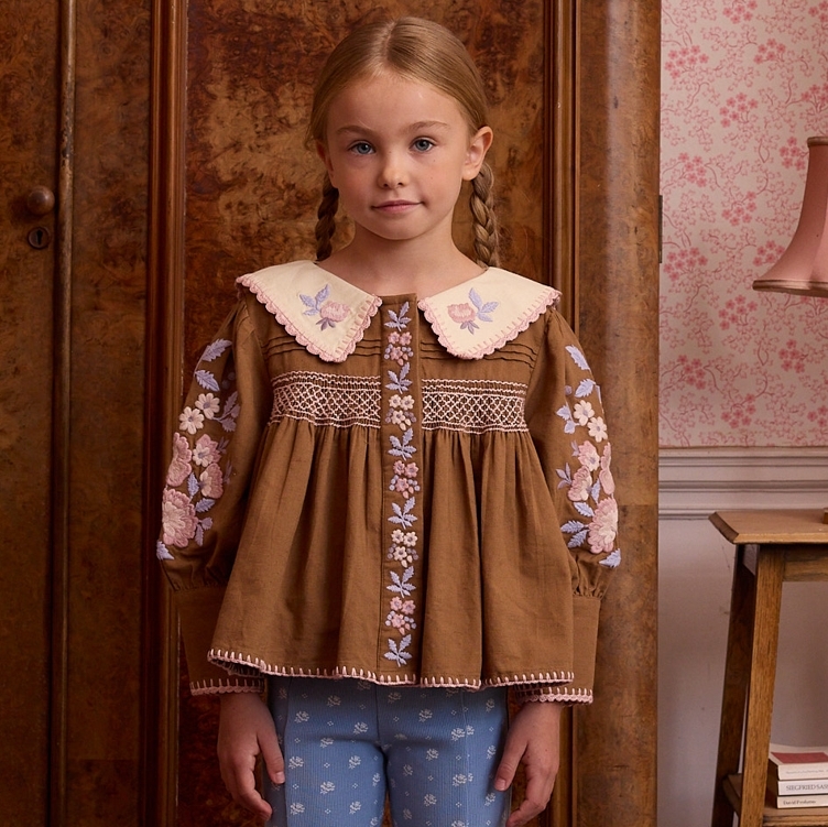 Apolina 雕花領褶皺排釦襯衫 LORA BLOUSE - CHOCOLATE