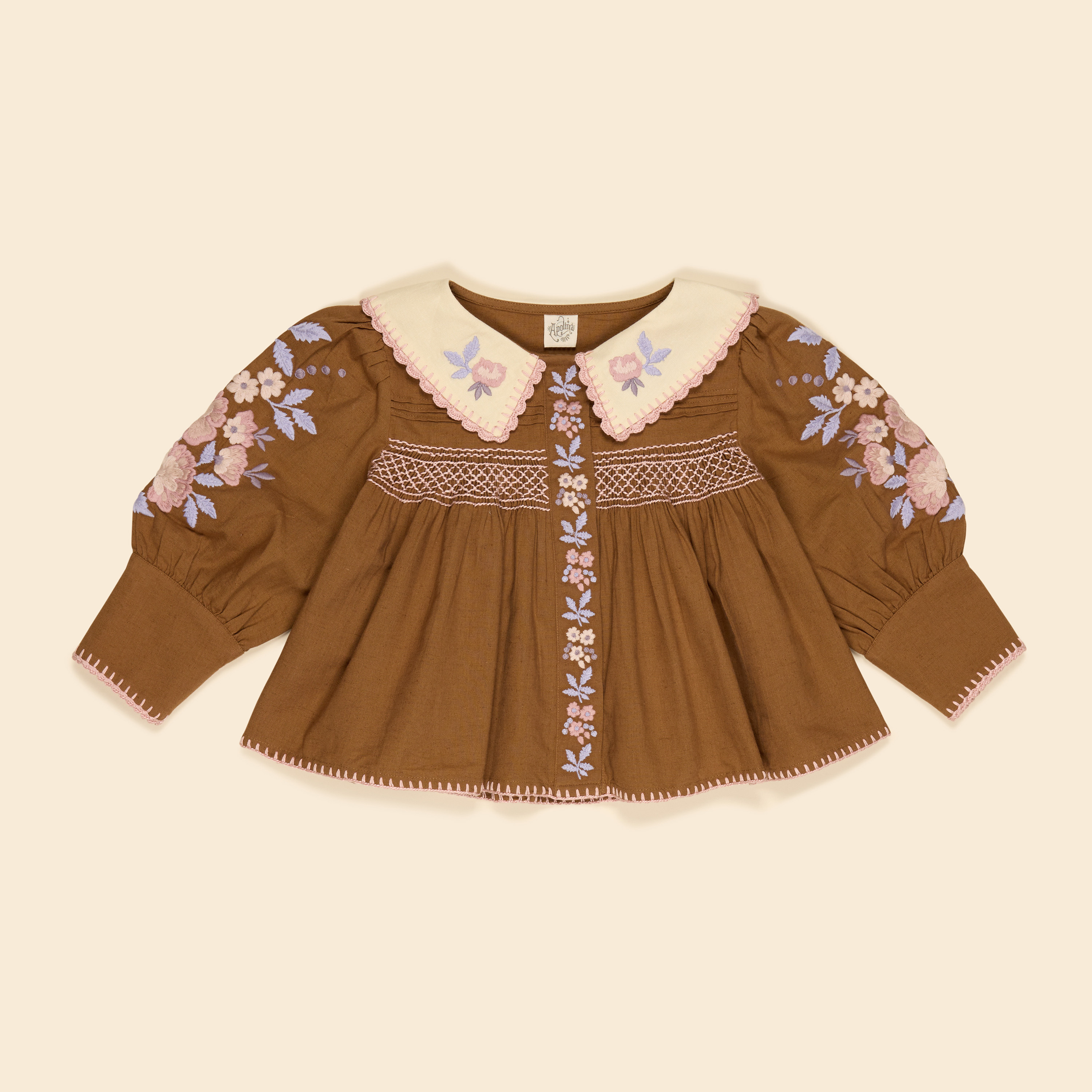 Apolina 雕花領褶皺排釦襯衫 LORA BLOUSE - CHOCOLATE