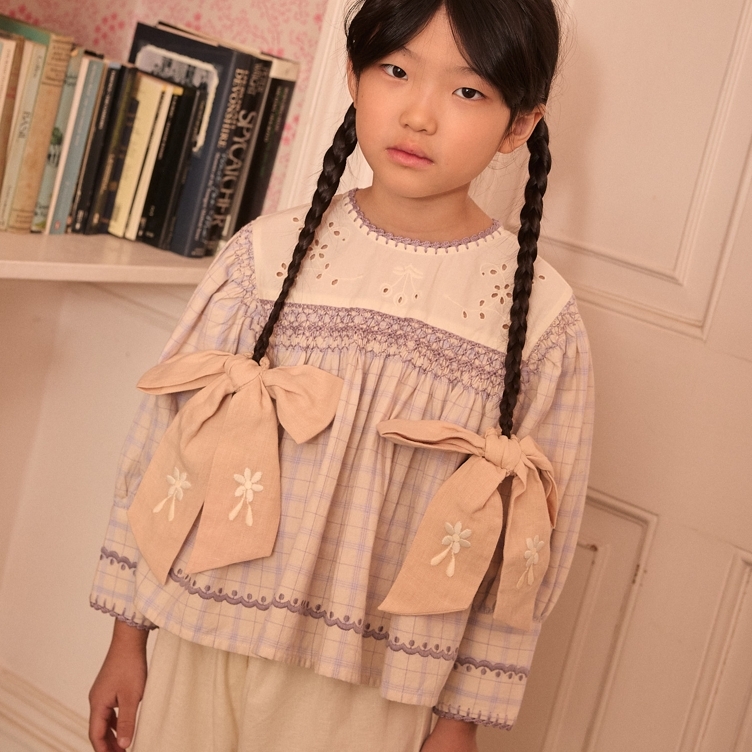 Apolina 鏤空拼接格紋褶皺上衣 DORA LS BLOUSE - CAMP CHECK