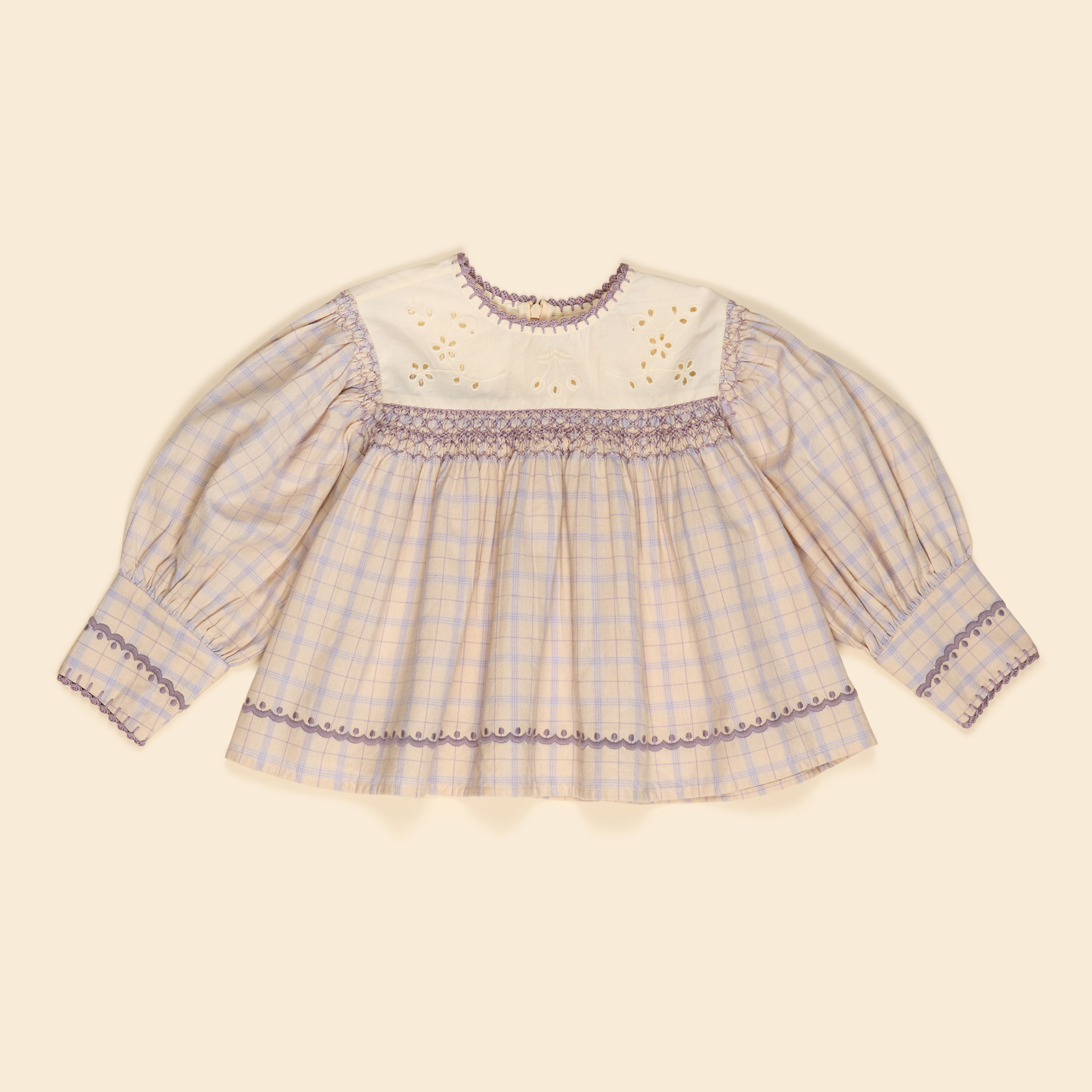Apolina 鏤空拼接格紋褶皺上衣 DORA LS BLOUSE - CAMP CHECK