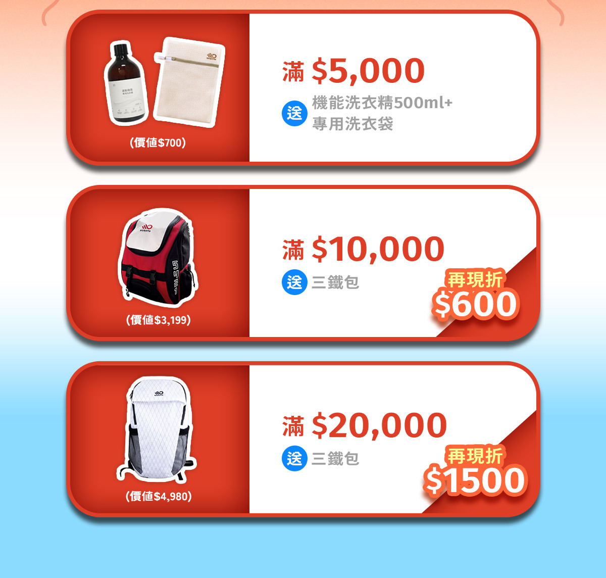 滿額就送博克多好禮：滿$5000送洗滌組、滿$10000送三鐵包再現折$600、滿$20000送X-PAC輕量包再現折$1500