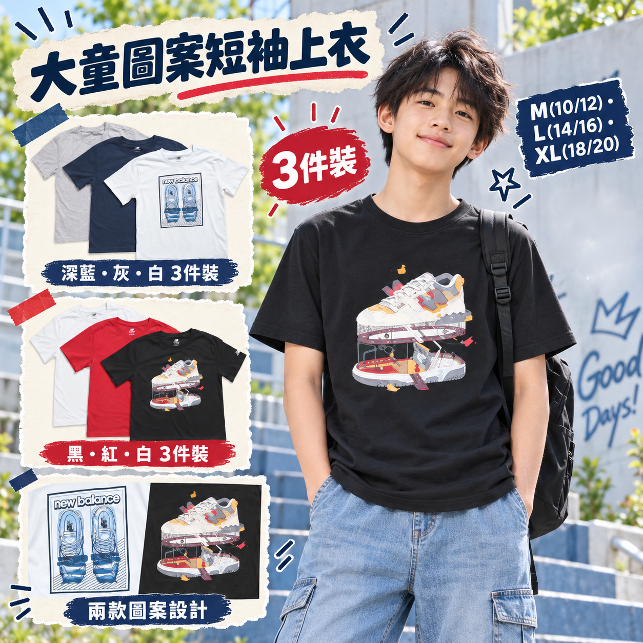 【預購】NEW BALANCE N092310 大童圖案短袖上衣 (3件裝)