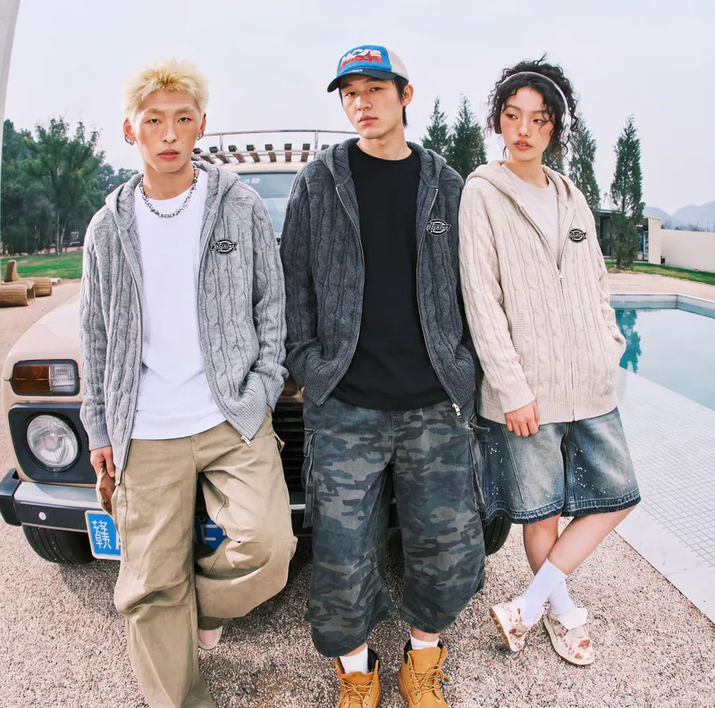 DICKIES 美式復古 老錢風 麻花針織 雙拉鍊 連帽外套 男女同款 夾克 (四色可選) DKU263NKS874-GIG