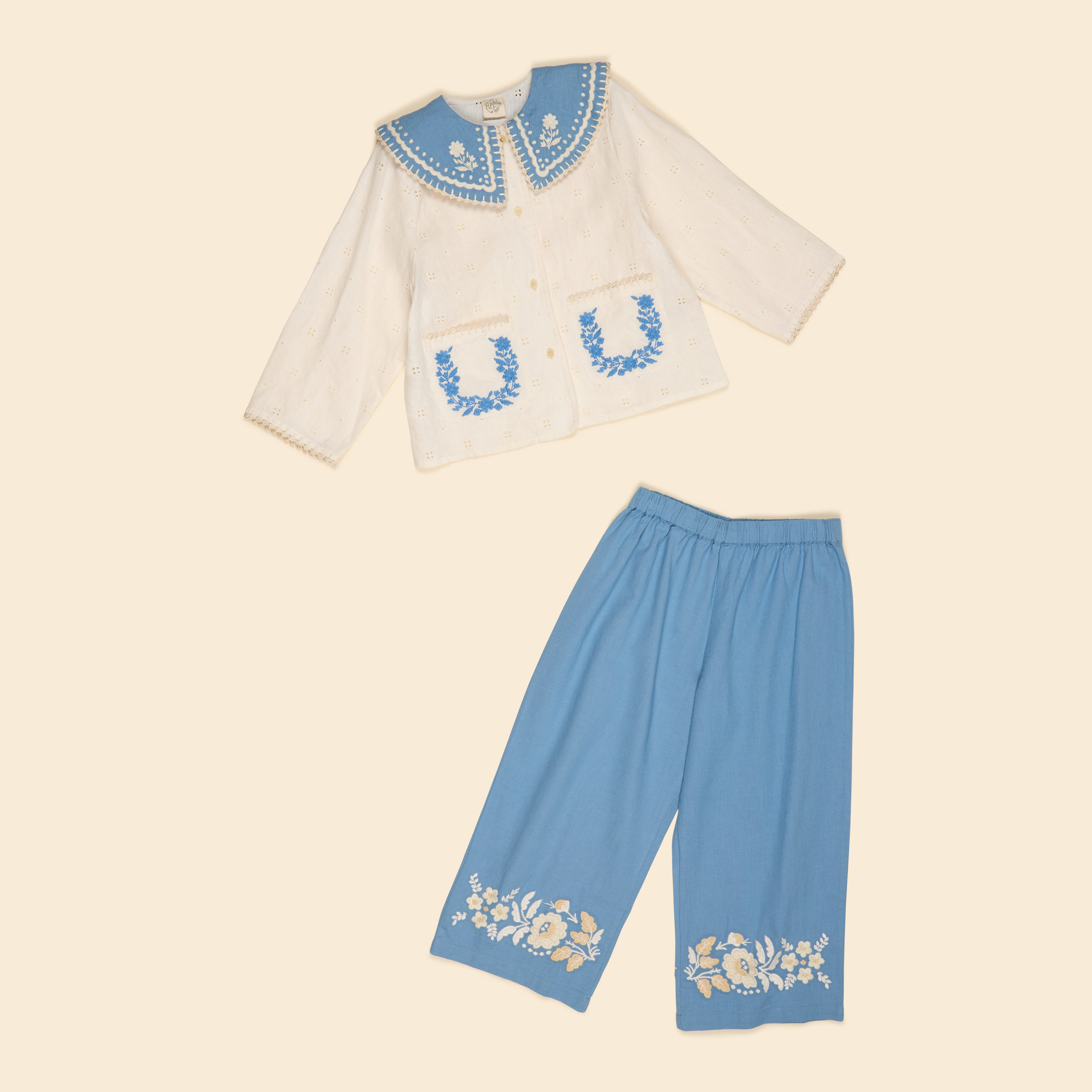 Apolina 天空色調雕花鏤空襯衫長褲套裝 CLARA TROUSER SET - MILK/BOOK BLUE