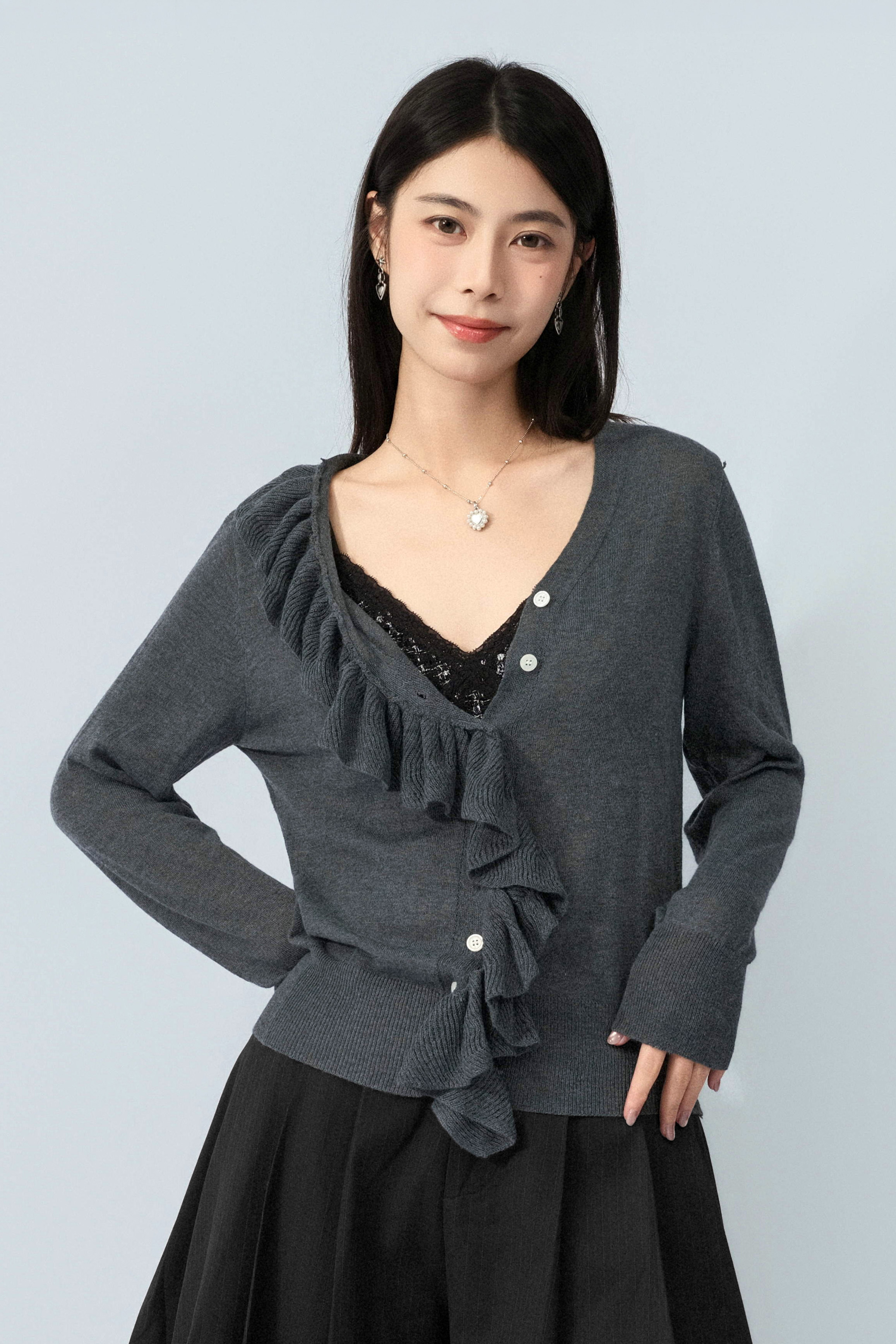 單邊荷葉領薄針織cardigan（預購產品）
