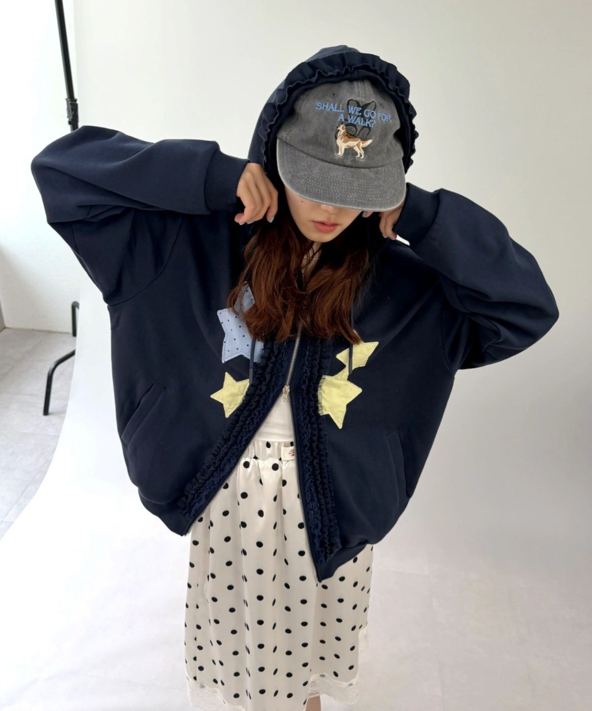 <不撞衫可愛系💫> 日本 w closet 星星 捲邊荷邊葉 拼接 雙拉鍊連帽外套