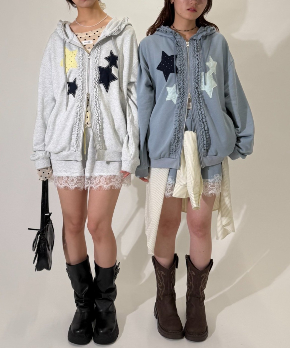 <不撞衫可愛系💫> 日本 w closet 星星 捲邊荷邊葉 拼接 雙拉鍊連帽外套
