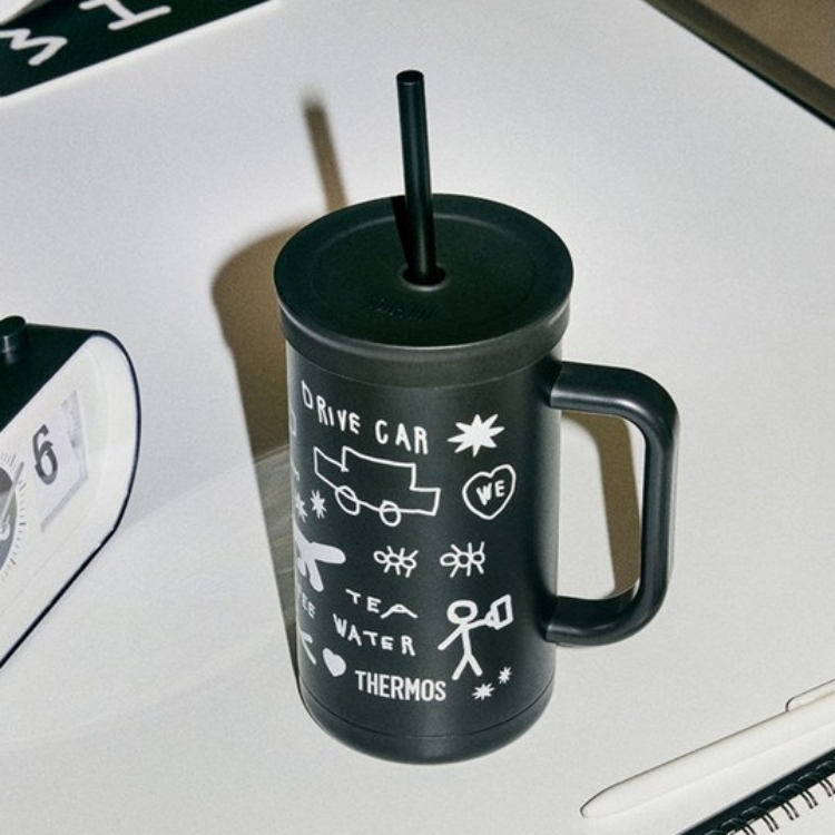 THERMOS x INAPSQUARE 黑白童趣塗鴉 不銹鋼真空吸管杯 720ml 黑色
