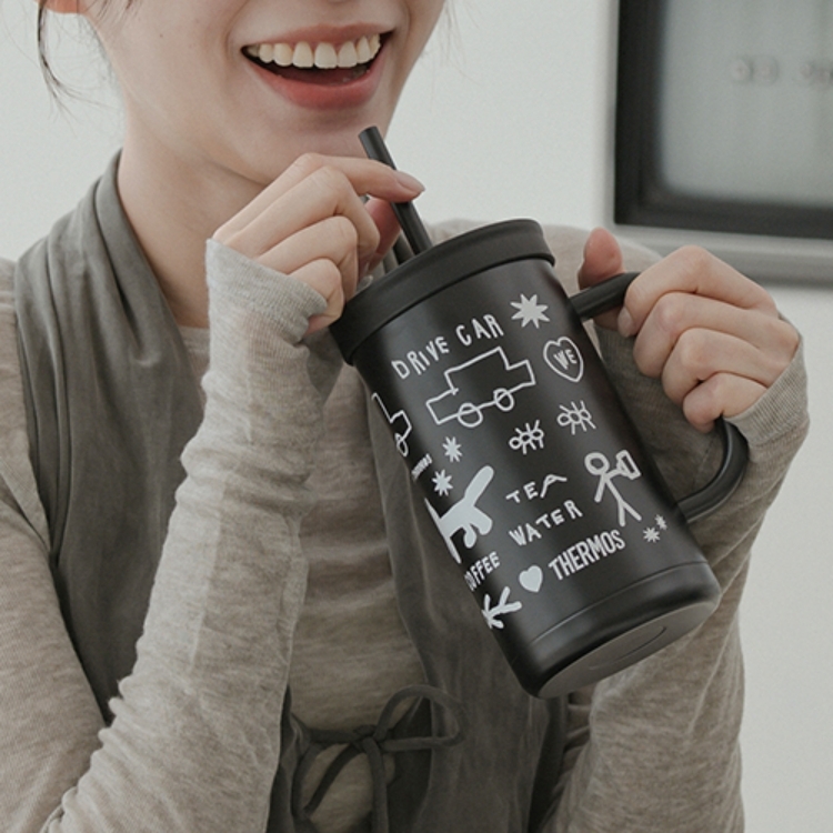 THERMOS x INAPSQUARE 黑白童趣塗鴉 不銹鋼真空吸管杯 720ml 黑色