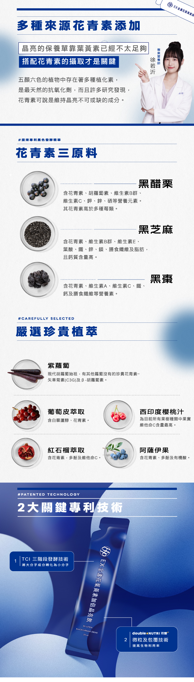 多種來源花青素添加,專業營養師徐若沂,晶亮的保養單靠葉黃素已經不太足夠,搭配花青素的攝取才是關鍵,五顏六色的植物中存在著多種植化素,是最天然的抗氧化劑,而且許多研究發現, 花青素可說是維持晶亮不可或缺的成分,alt="花青素三原料,提煉專利黑色發酵精華,黑醋栗,含花青素,胡蘿蔔素,維生素B群,維生素C,鉀,鋅,硒等營養元素,黑芝麻含花青素,維生素B群,維生素E,葉酸,鐵,鋅,鎂,膳食纖維及脂肪,且鈣質含量高,黑棗,含花青素,維生素A,維生素C,鐵,鈣等等,嚴選珍貴植萃,紫蘿蔔,現代胡蘿蔔始祖,有其他蘿蔔沒有的珍貴花青素,矢車菊素,C3G,β-胡蔔素,葡萄皮萃取,含白藜蘆醇,花青素,西印度櫻桃汁,為目前所有果樹種類中果實,維他命C含量最高,紅石榴萃取,含花青素,多酚及維他命C,阿薩伊果,含花青素,2大關鍵專利技術,TCI,三階段發酵技術,將大分子成分轉化為小分子,微粒及包覆技術,提高生物利用率