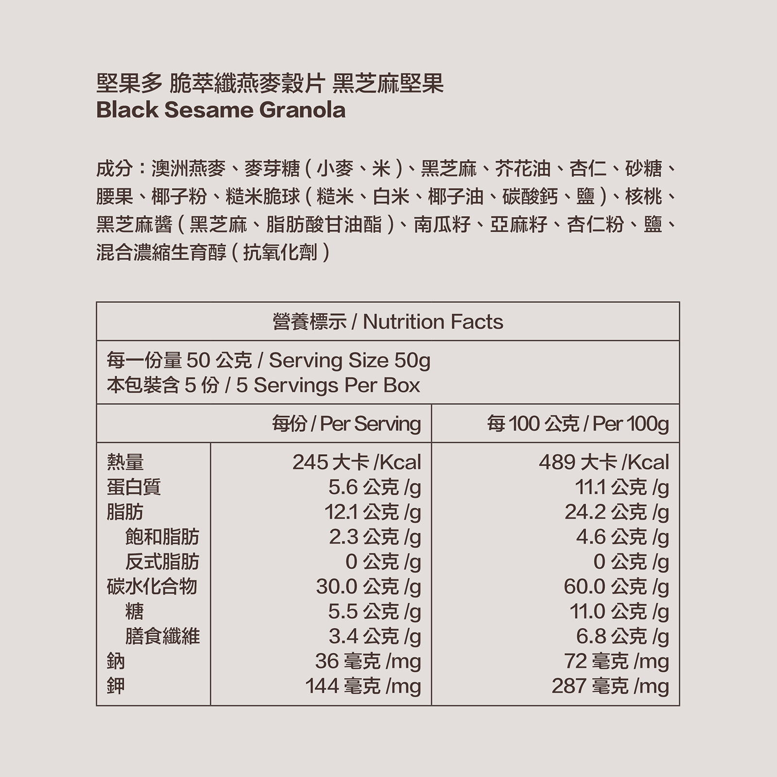 堅果多_黑芝麻堅果250g 營養標示