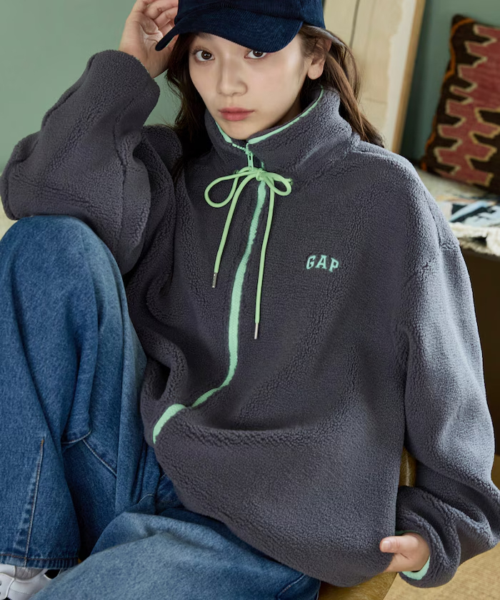 【 10/6收單 】日本限定  PUBLUX × GAP 聯名款 撞色蝴蝶結抽繩立領刷毛外套