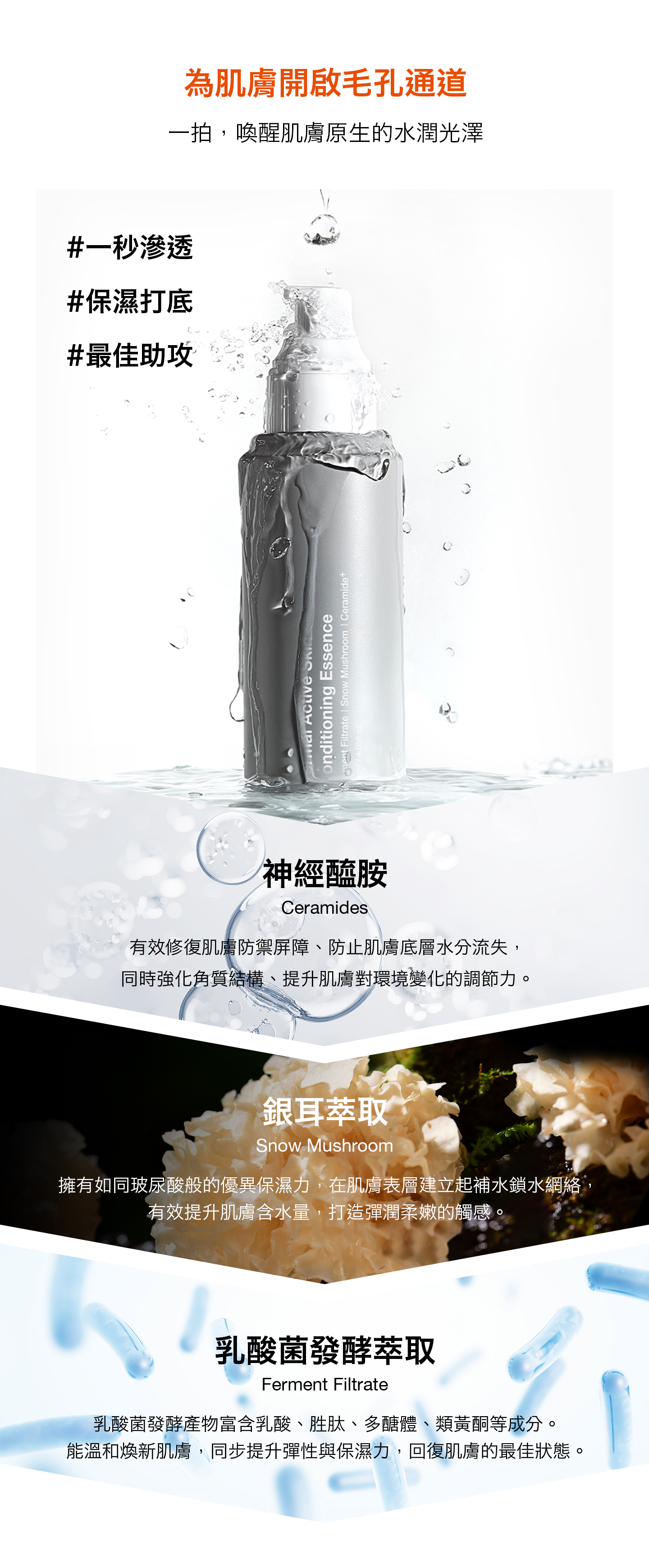 nomel 發光養成組 肌能賦活前導液 功效與成分說明：乳酸菌發酵萃取、神經醯胺、銀耳萃取，低離子溶液劑型喚醒肌膚活力、打開吸收通道，提升後續保養吸收