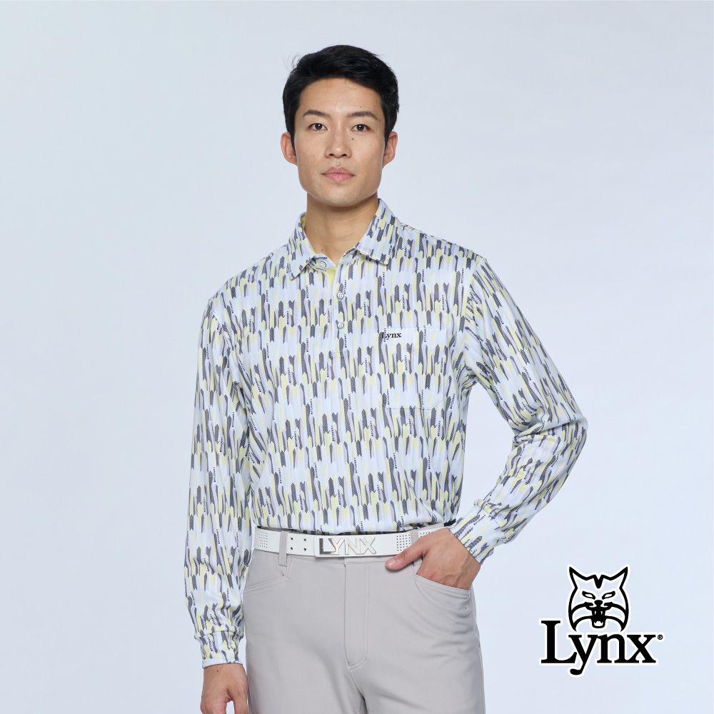 【Lynx Golf】男款吸濕排汗滿版印花胸前口袋長袖POLO衫