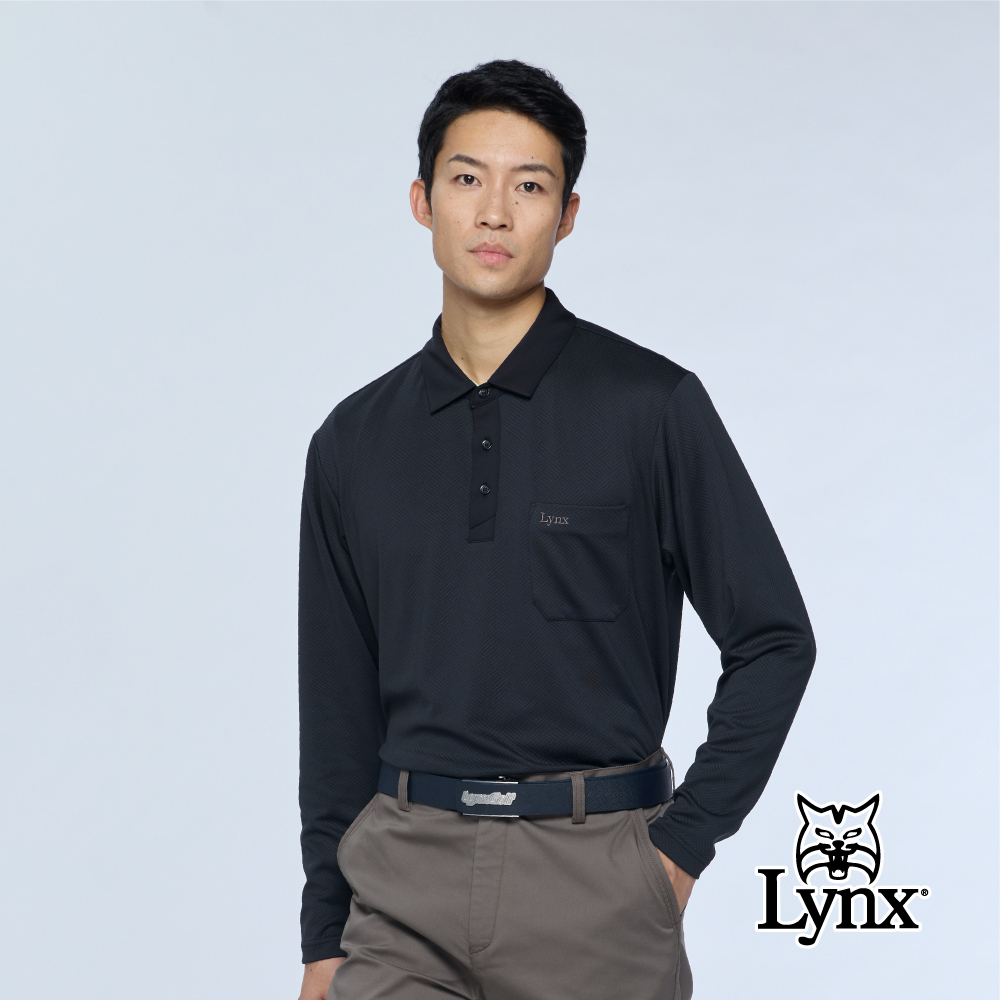 【Lynx Golf】男款吸濕排汗雙面組織胸前口袋長袖POLO衫