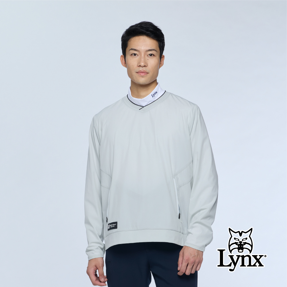 【Lynx Golf】男款四面彈性錦氨涼感滿版織紋V領長袖上衣