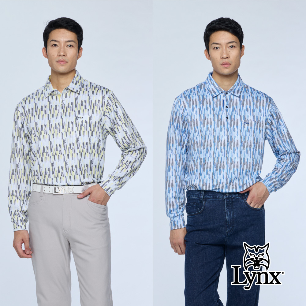 【Lynx Golf】男款吸濕排汗滿版印花胸前口袋長袖POLO衫