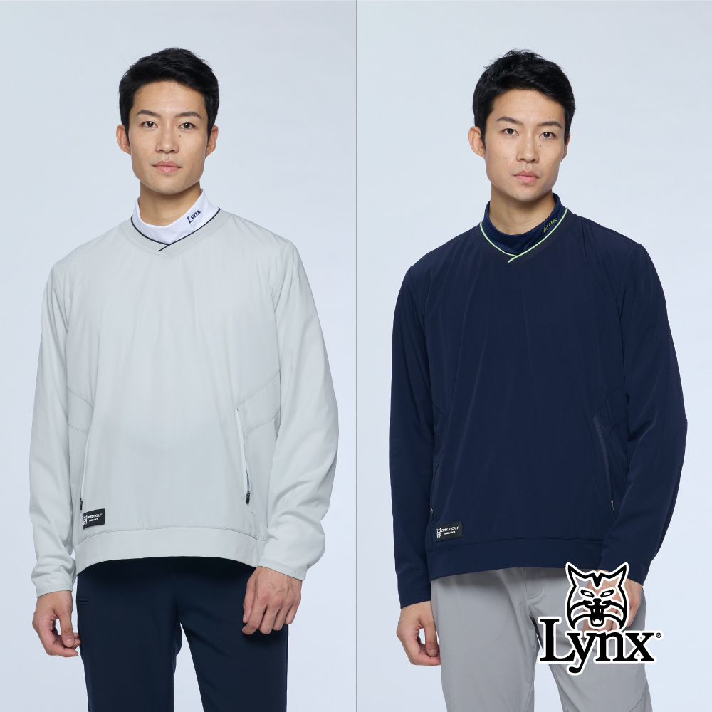 【Lynx Golf】男款四面彈性錦氨涼感滿版織紋V領長袖上衣