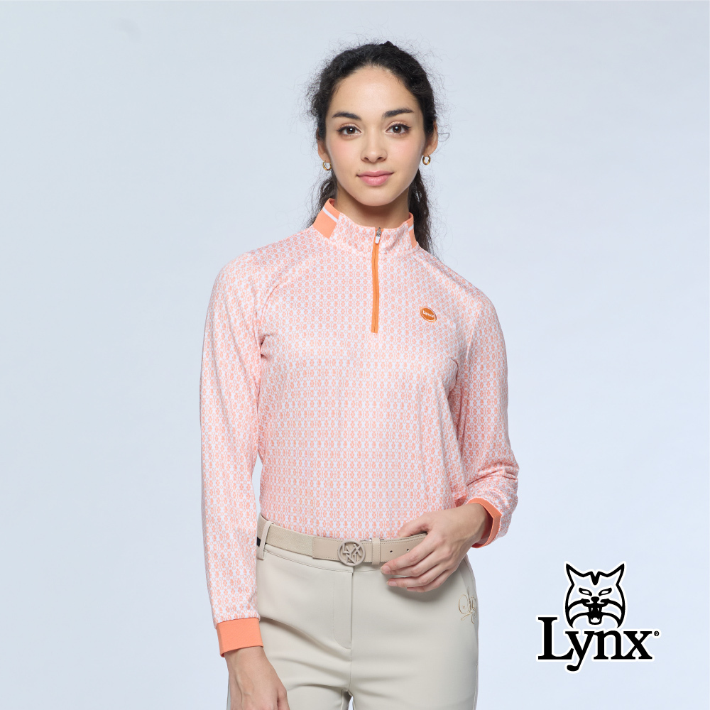【Lynx Golf】女款滿版印花下擺開衩立領拉鍊長袖上衣