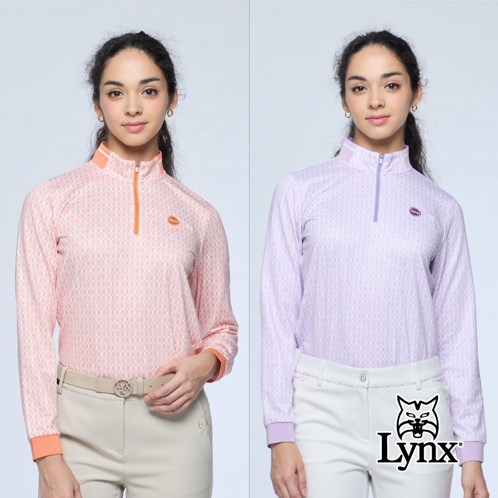 【Lynx Golf】女款滿版印花下擺開衩立領拉鍊長袖上衣