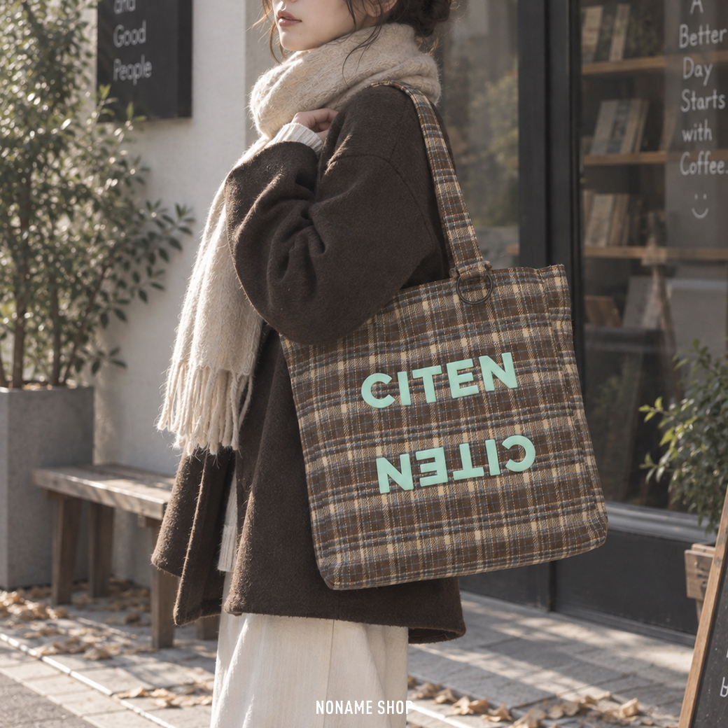 CITEN 日本限定 秋冬 復古 格紋 立體LOGO 托特包 肩背包 三色