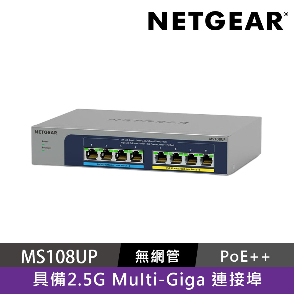 NETGEAR MS108UP  8埠 1G/2.5G Gigabit PoE++ 交換器 總PoE瓦數230W