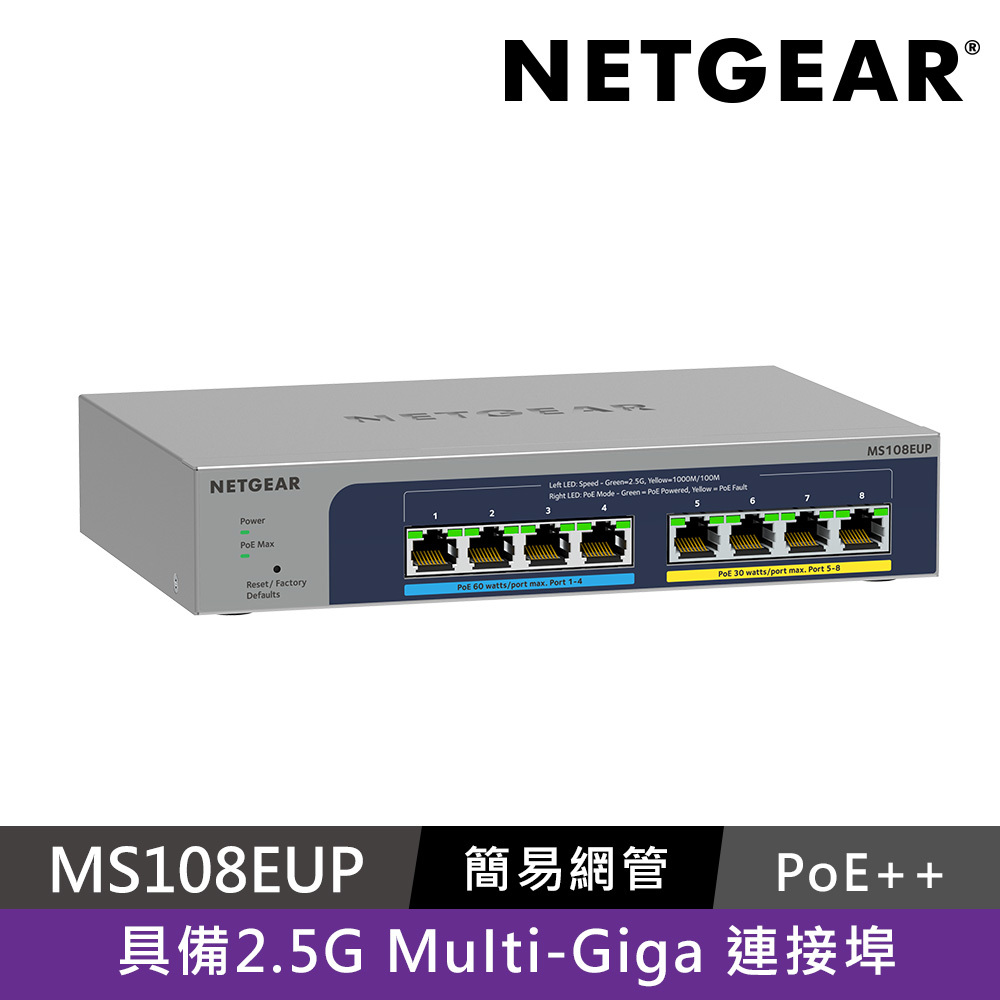 NETGEAR MS108EUP  8埠 1G/2.5G Gigabit PoE++ 簡易管理交換器 總PoE瓦數230W
