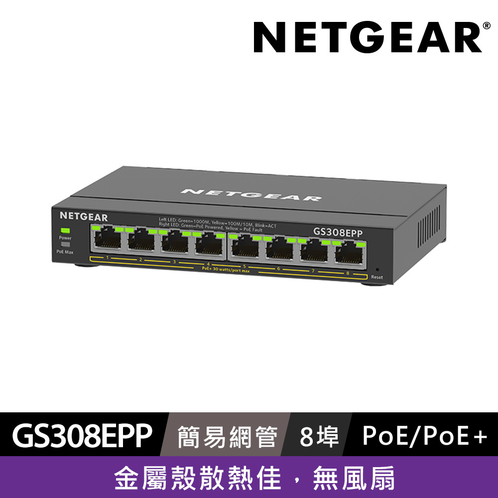 【電商限定】NETGEAR GS308EPP 8埠 Gigabit PoE+ 簡易網管交換器 總PoE瓦數 123W