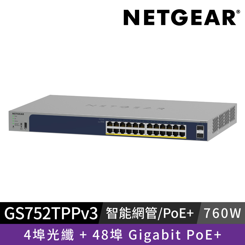 NETGEAR GS752TPP 4埠光纖 + 48埠 Gigabit PoE+  智能網管交換器 總PoE瓦數760W