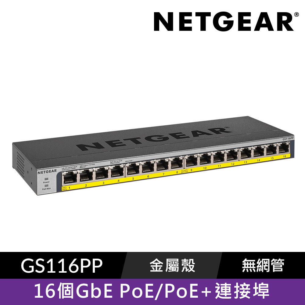 NETGEAR GS116PP 16 埠 Gigabit PoE/PoE+ 交換器 總PoE瓦數 183W