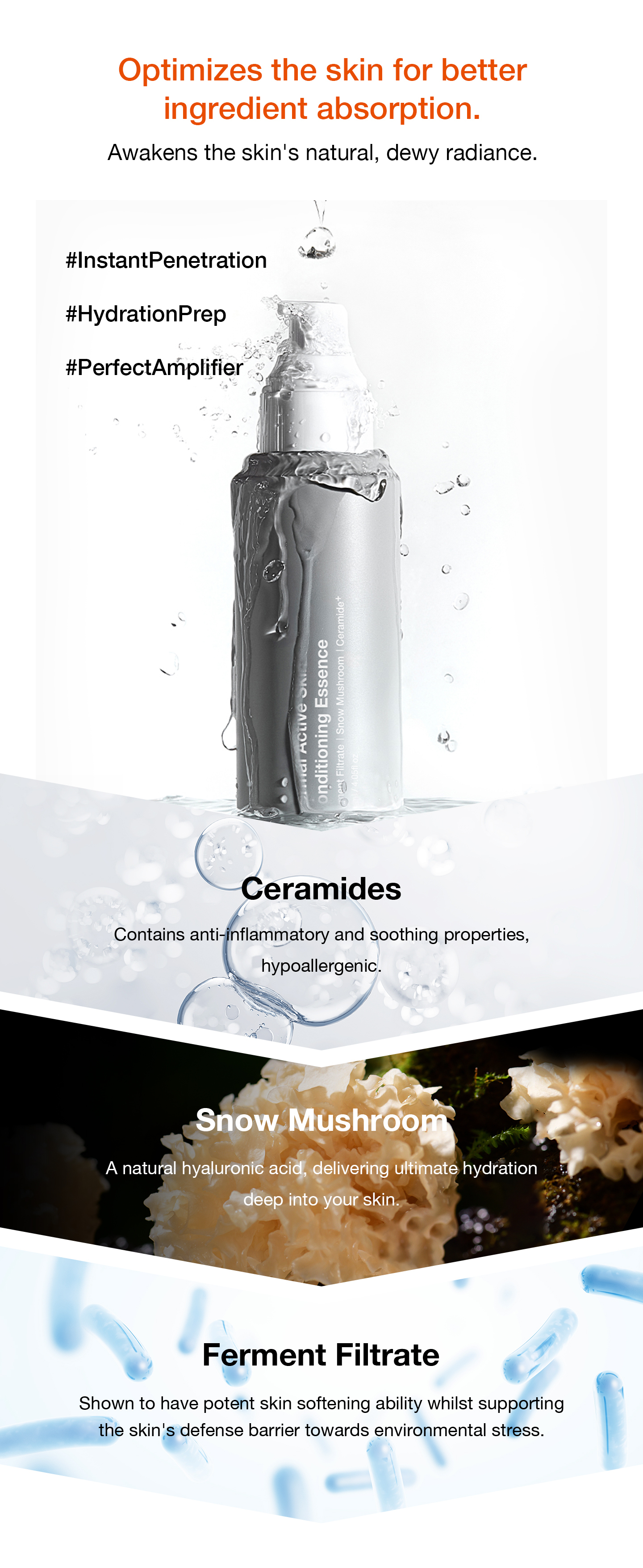 nomel Glow Up Set Dermal Active Skin Conditioning Essence benefits and key ingredients: Lactobacillus Ferment, Ceramides and Tremella Fuciformis Extract in a low-ion formula that awakens skin vitality, opens absorption pathways and boosts absorption of the following skincare steps