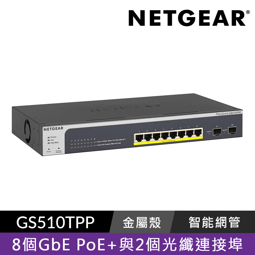 NETGEAR GS510TPP  2埠 光纖 + 8埠 Gigabit PoE+ 智能網管交換器 總PoE瓦數 190W