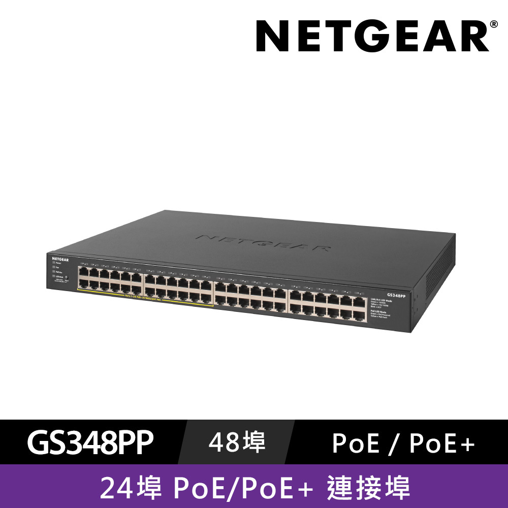 【電商限定】NETGEAR GS348PP 48埠 GbE 24埠 PoE+ 交換器 總PoE瓦數 380W