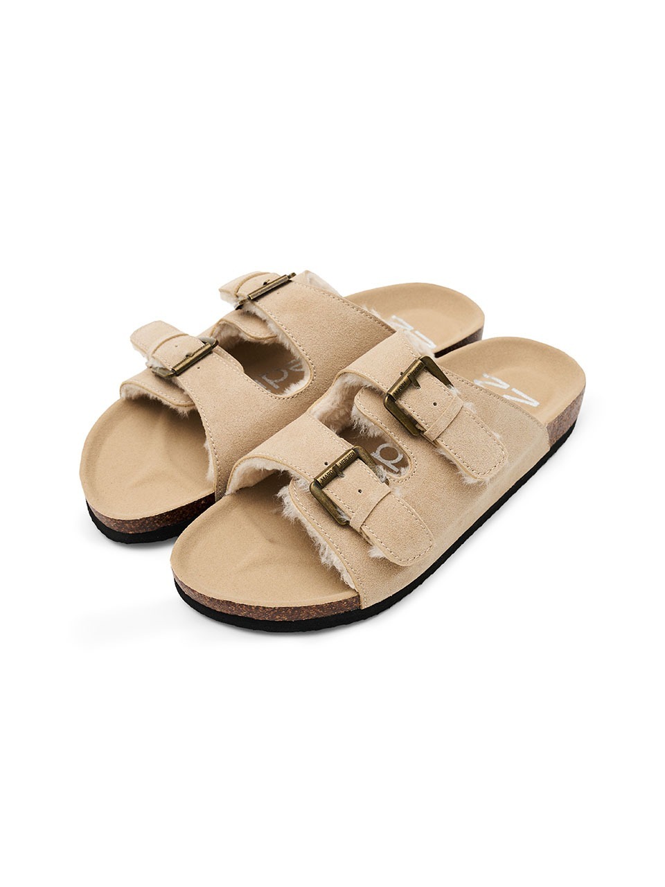 Mardi Mercredi FUR SUEDE DOUBLE STRAP BUCKLE SLIDES