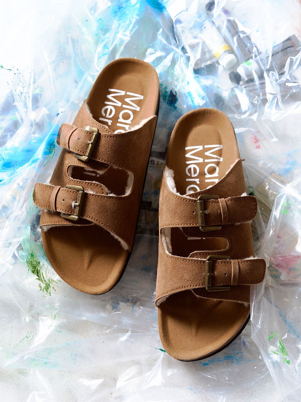 Mardi Mercredi FUR SUEDE DOUBLE STRAP BUCKLE SLIDES