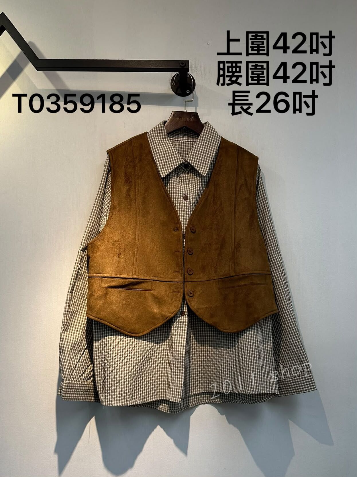 仿麂皮絨背心拼格紋恤衫套裝  上圍42吋  腰圍42吋  長26吋   T0359185