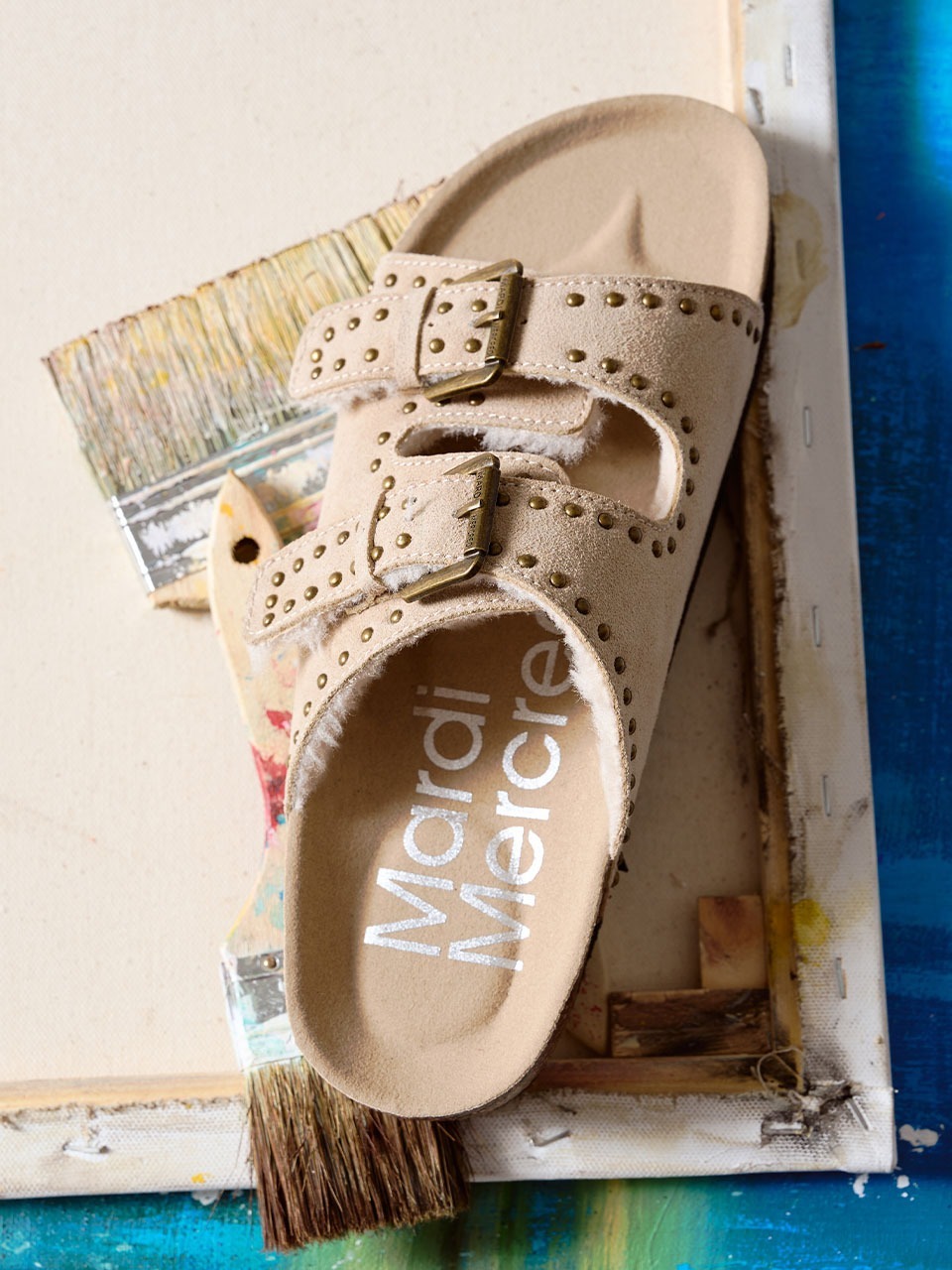 Mardi Mercredi FUR SUEDE DOUBLE STRAP BUCKLE STUD SLIDES