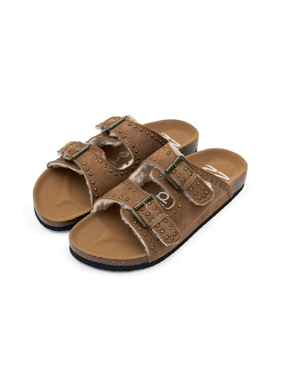 Mardi Mercredi FUR SUEDE DOUBLE STRAP BUCKLE STUD SLIDES